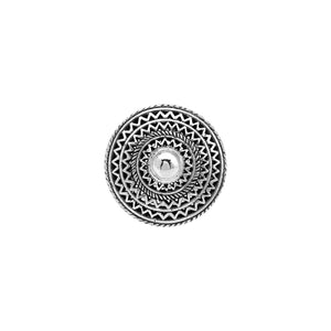 Wholesale sterling silver mandala statement ring with round geometric design and oxidized finish – handcrafted Balinese artisan jewelry for bulk buyers and resellers.