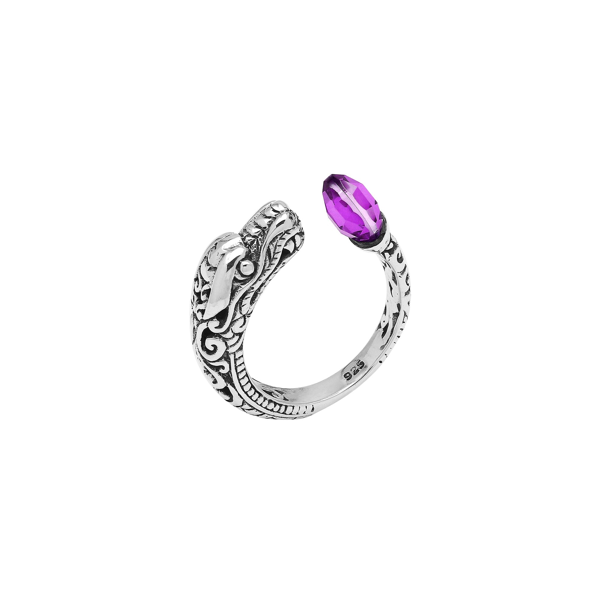 Wholesale sterling silver dragon head bypass ring with faceted Amethyst Quartz and detailed Balinese carvings – handcrafted artisan jewelry for bulk buyers and resellers.