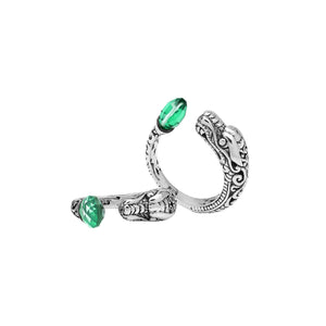 Wholesale sterling silver dragon head ring with faceted Green Quartz , handcrafted Balinese jewelry with intricate carvings and adjustable open band.