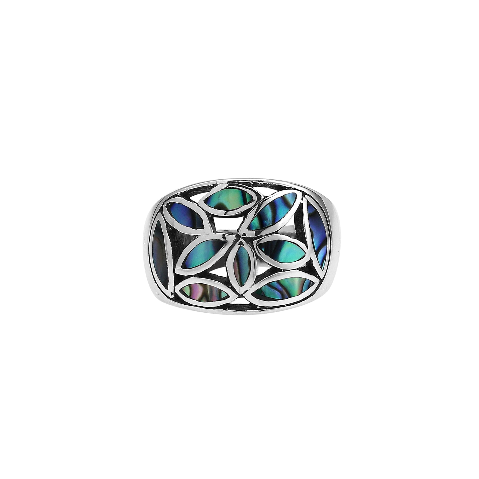 Wholesale sterling silver wide band ring with genuine Abalone Shell inlay, handcrafted Bali artisan jewelry with mosaic leaf design.