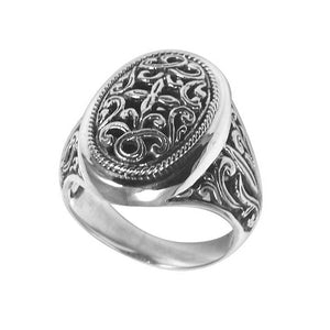Wholesale sterling silver oval ring with intricate Balinese carvings, handcrafted 925 artisan jewelry, bulk silver rings for resellers.