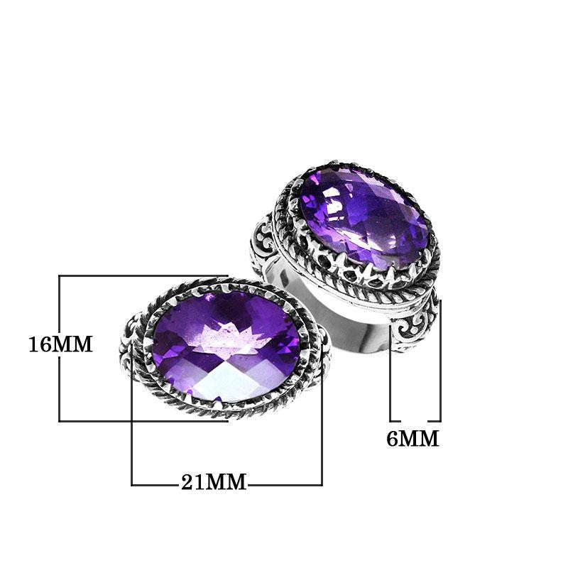 Wholesale sterling silver ring with oval faceted Amethyst Quartz and Balinese carvings, handcrafted in Bali.