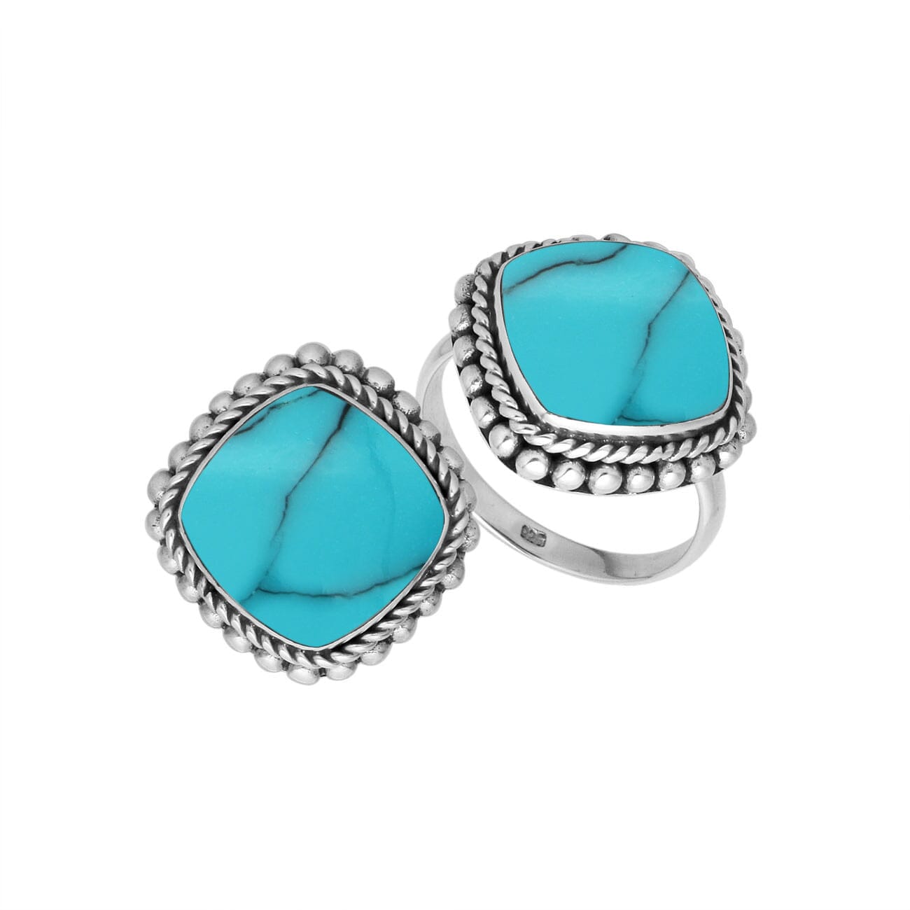 Sterling Silver cushion shape Turquoise Shell ring with handcrafted Balinese rope and beaded detailing