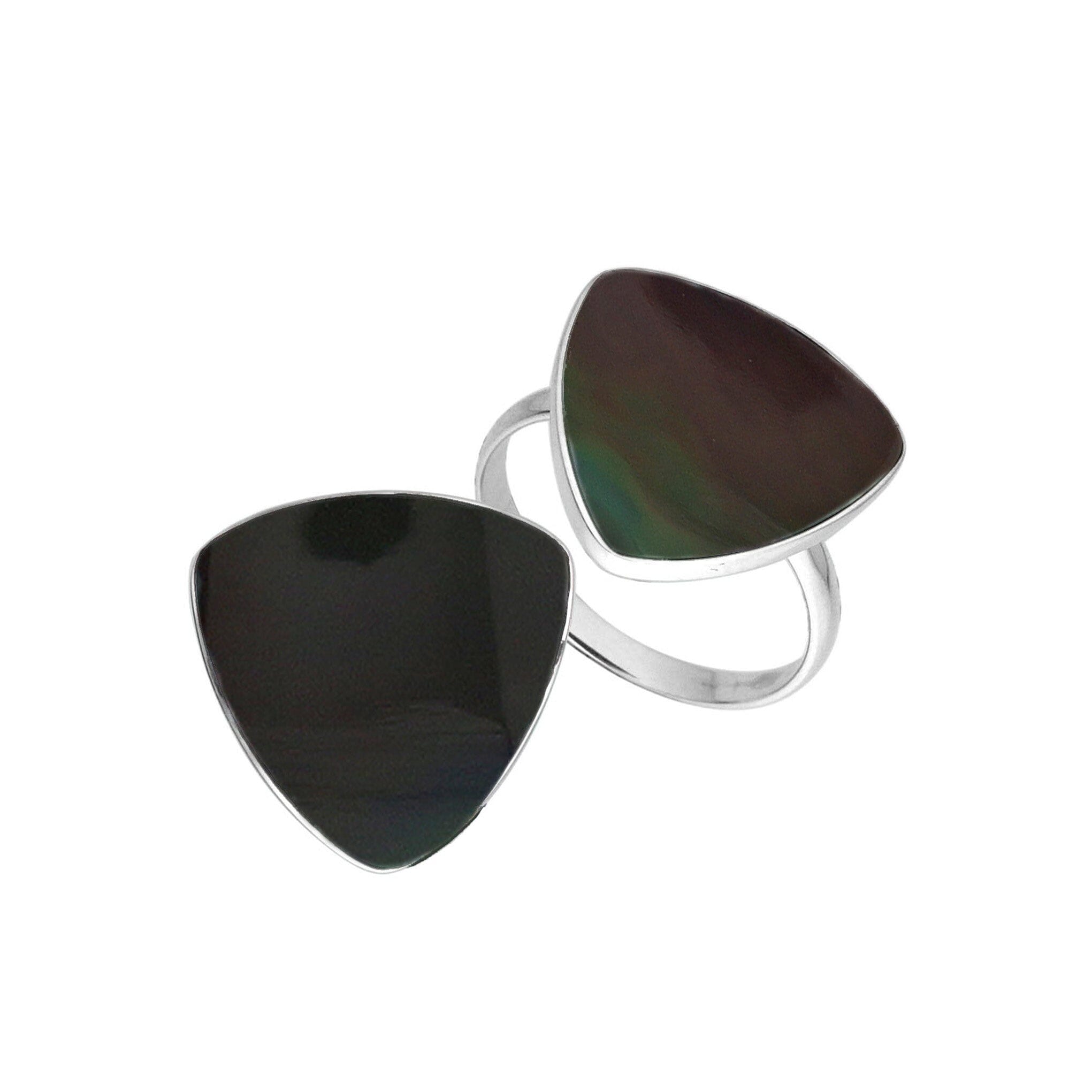 Sterling Silver Triangle Shape Statement Ring With Black Shell In Modern Balinese Design