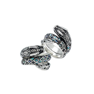 Sterling Silver Dragon Wrap Ring With Abalone Shell Inlay And Oxidized Finish