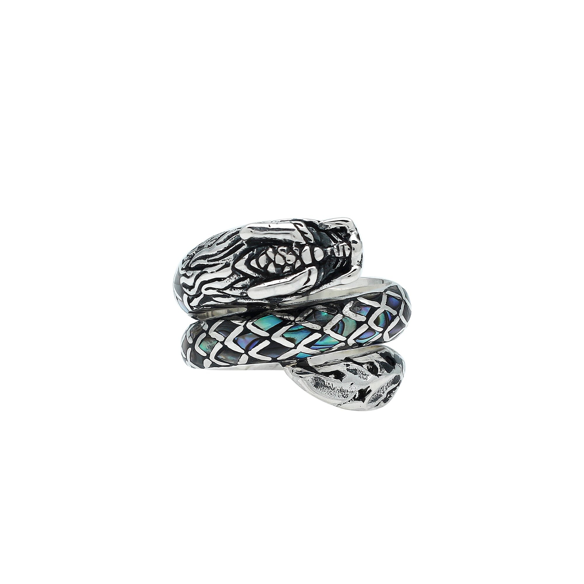 Sterling Silver Dragon Wrap Ring With Abalone Shell Inlay And Oxidized Finish