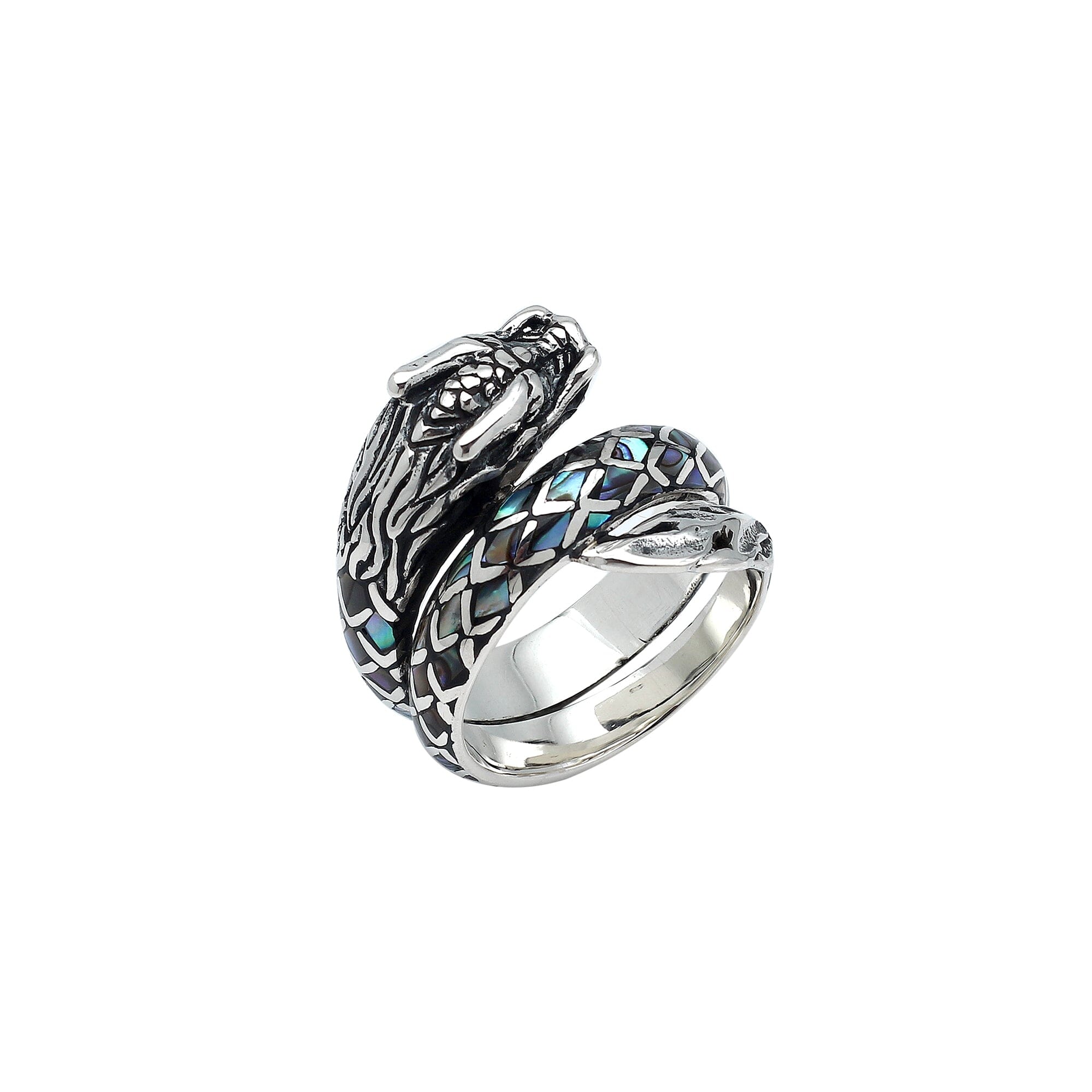 Sterling Silver Dragon Wrap Ring With Abalone Shell Inlay And Oxidized Finish