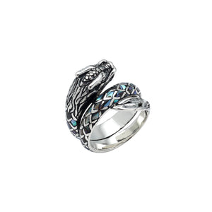 Sterling Silver Dragon Wrap Ring With Abalone Shell Inlay And Oxidized Finish