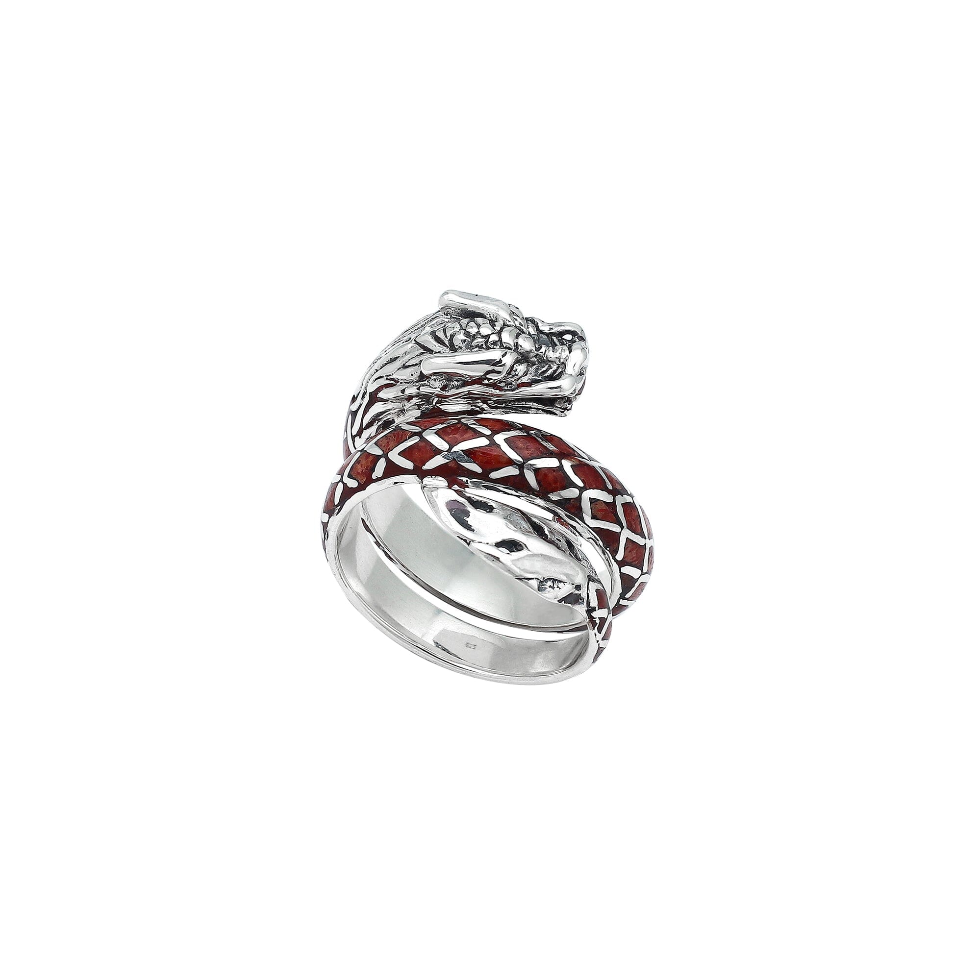Sterling Silver Dragon Wrap Ring With Red Coral Inlay And Polished Finish