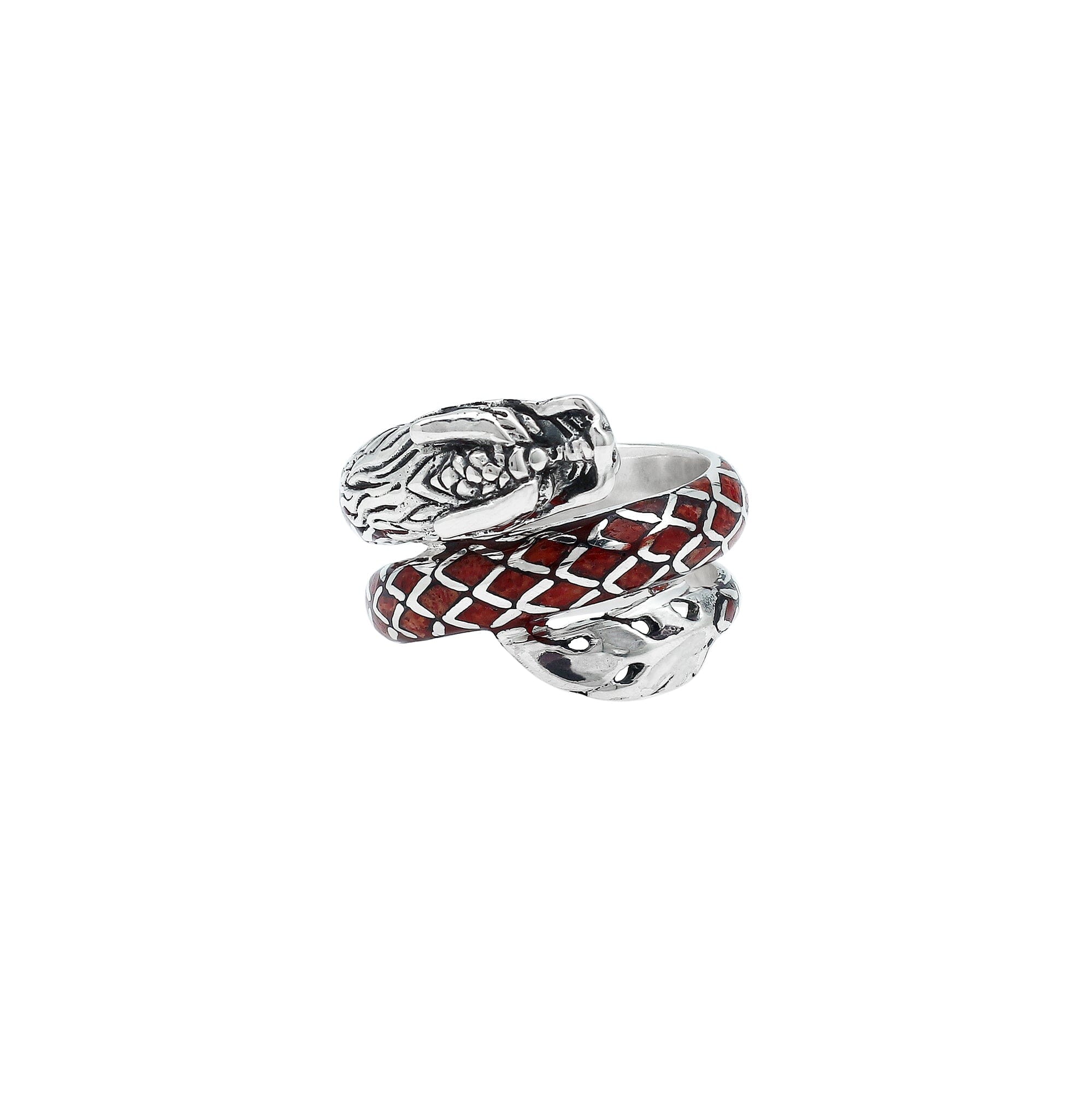 Sterling Silver Dragon Wrap Ring With Red Coral Inlay And Polished Finish