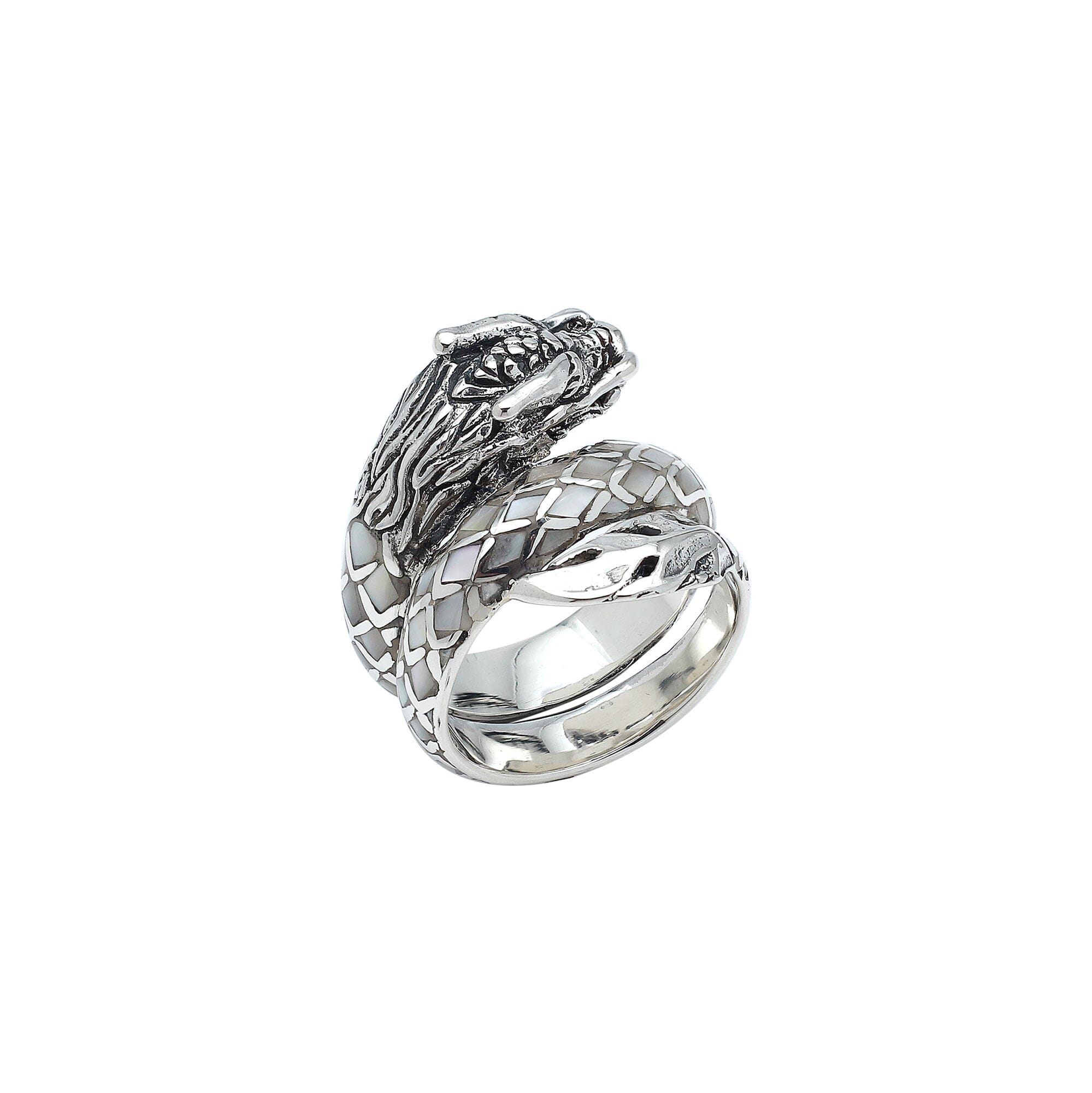 Sterling Silver Dragon Wrap Ring With Mother Of Pearl Inlay And Polished Finish