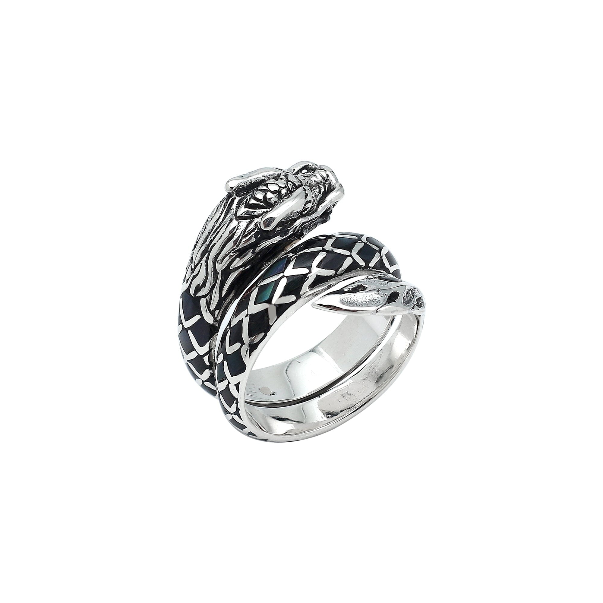 Sterling Silver Dragon Wrap Ring With Black Shell Inlay And Polished Finish