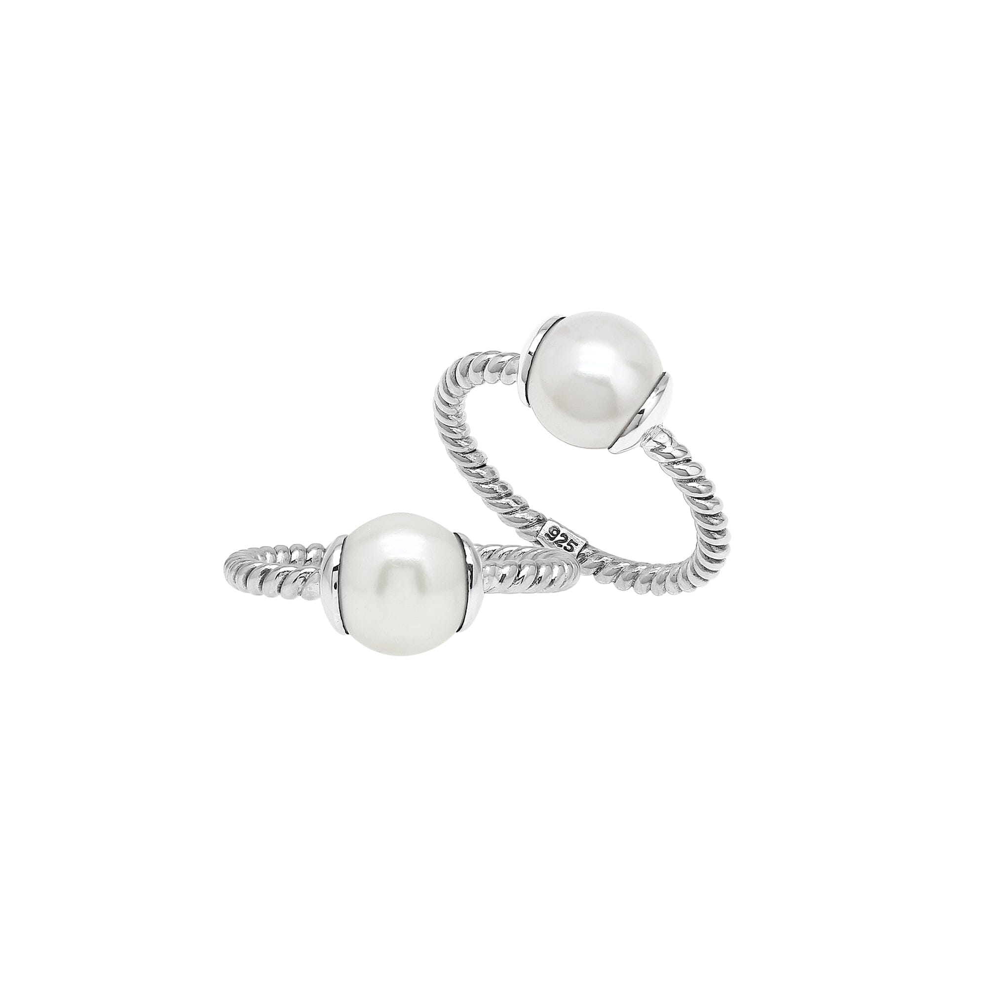 Sterling Silver Twisted Band Ring With Pearl Ends And Polished Finish