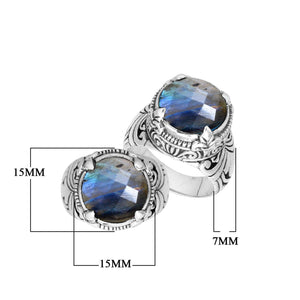 Sterling Silver Round Shape Labradorite Ring With Detailed Balinese Carving
