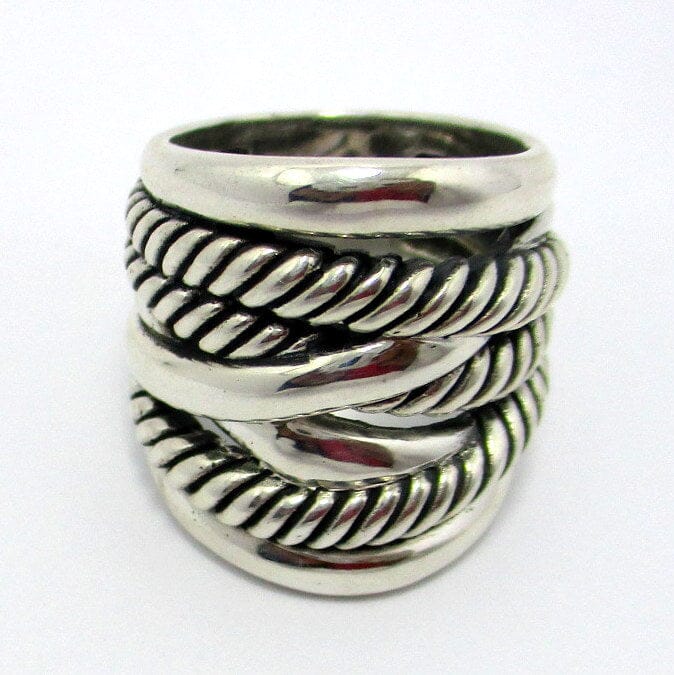 Sterling Silver Twisted Rope Texture Wide Band Balinese Luxury Statement Ring With Polished Finish.