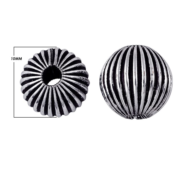 Handcrafted deep ribbed sphere bead with silver overlay over copper and antique finish made in India