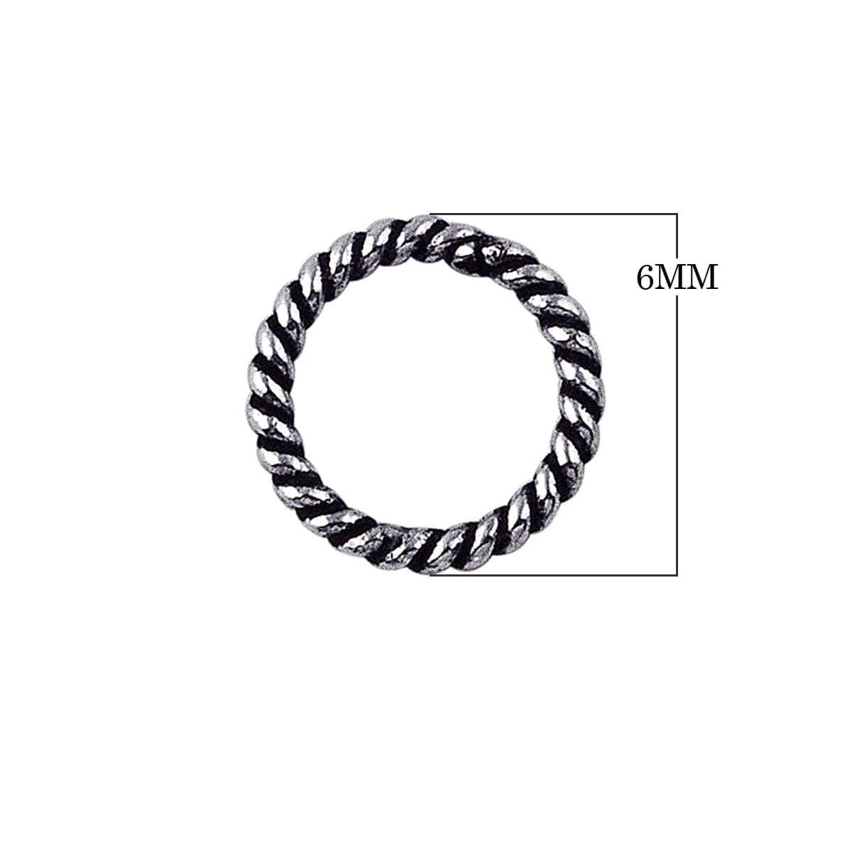 Handcrafted twisted closed jump ring in sterling silver with oxidized finish, artisan jewelry component from India.