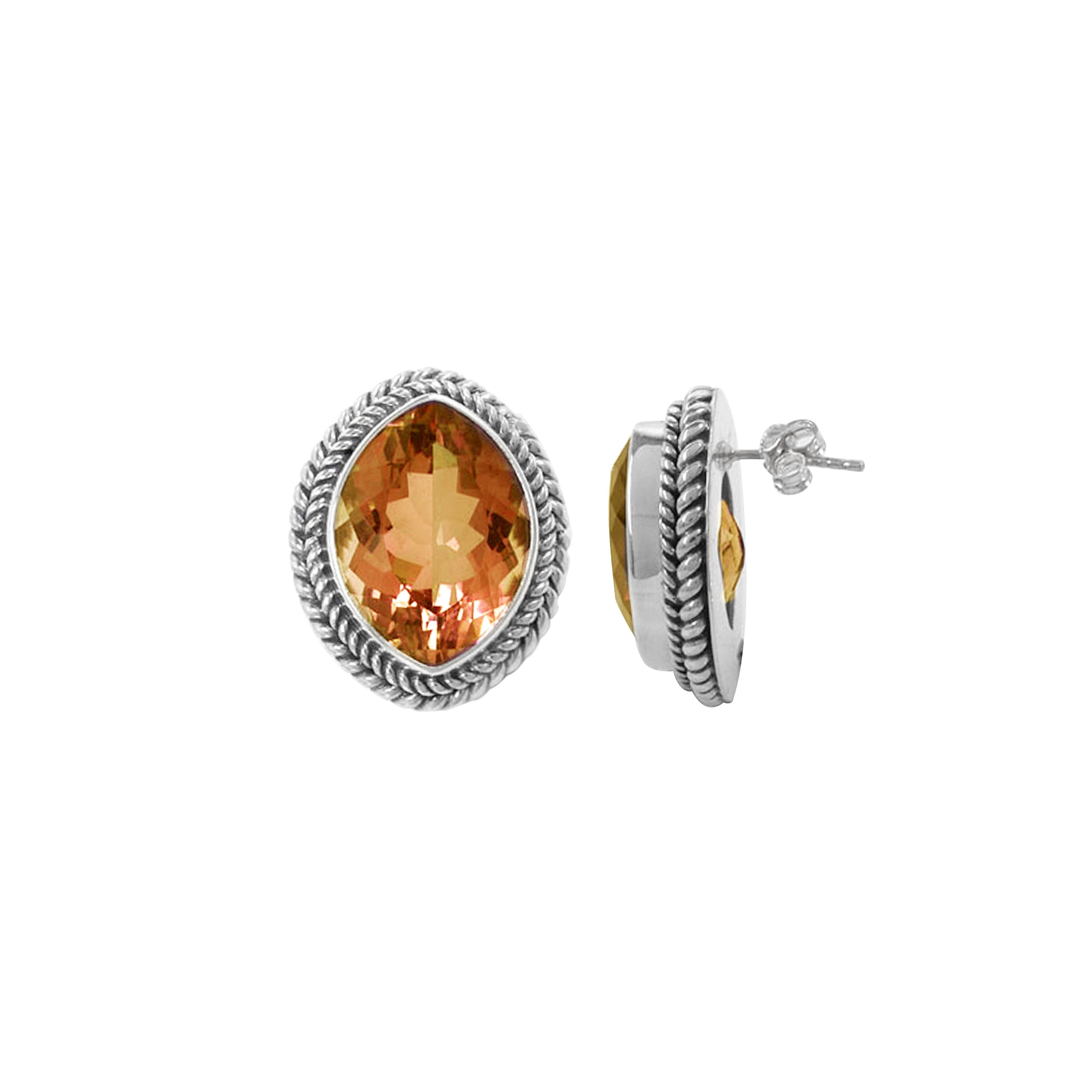 Sterling Silver Stud Earrings With Citrine Quartz Oval Stone And Rope Frame