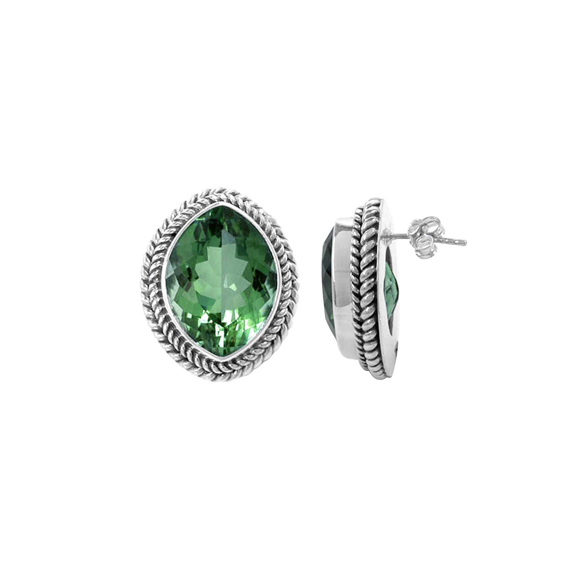 Sterling Silver Stud Earrings With Green Quartz Oval Stone And Rope Frame