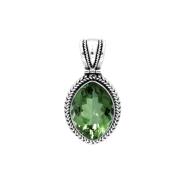 Sterling Silver Pendant With Green Quartz Oval Stone And Rope Frame