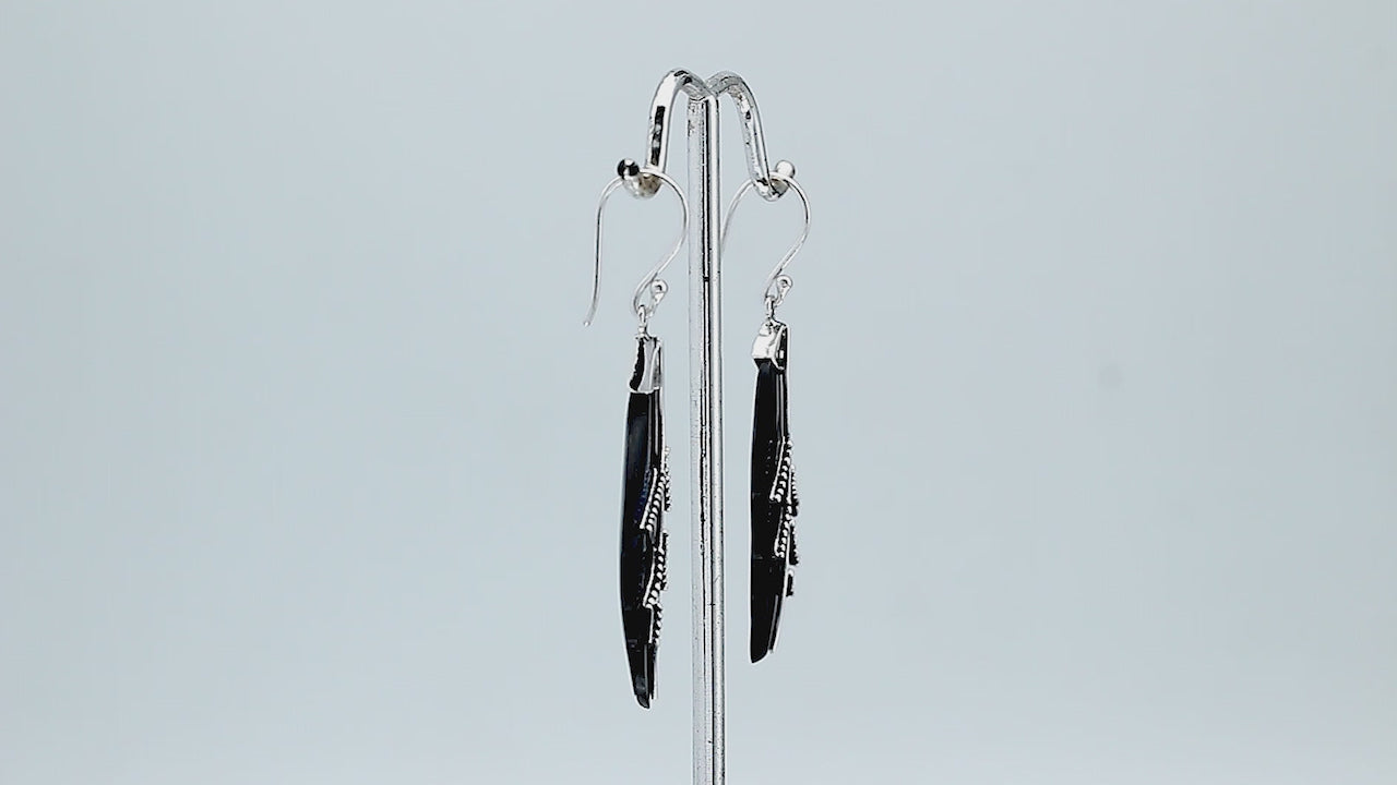 Sterling silver black shell carved leaf earrings pair with polished finish