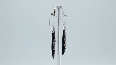 Sterling silver black shell carved leaf earrings pair with polished finish