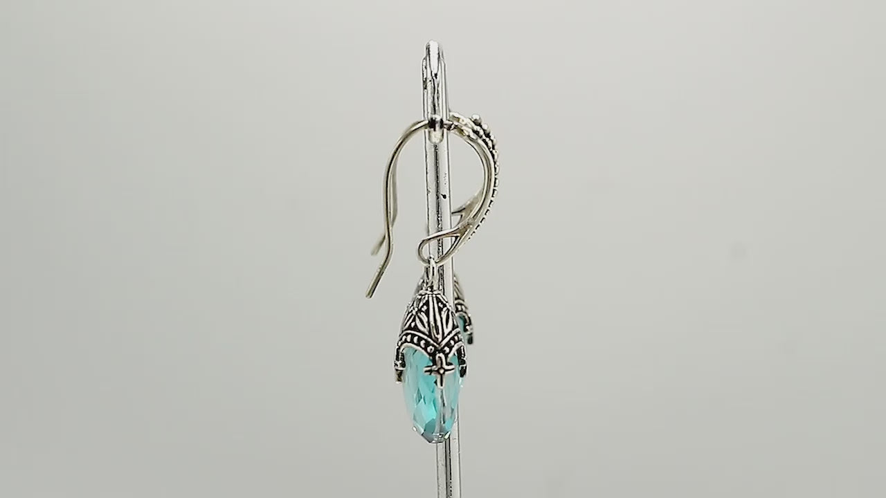 Sterling Silver Blue Topaz Quartz Faceted Drop Earrings With Ornate Bali Cap And Oxidized Finish