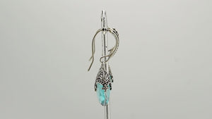 Sterling Silver Blue Topaz Quartz Faceted Drop Earrings With Ornate Bali Cap And Oxidized Finish