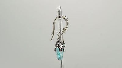 Sterling Silver Blue Topaz Quartz Faceted Drop Earrings With Ornate Bali Cap And Oxidized Finish