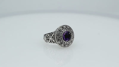 Wholesale sterling silver ring with round Amethyst Quartz and engraved Balinese bezel.