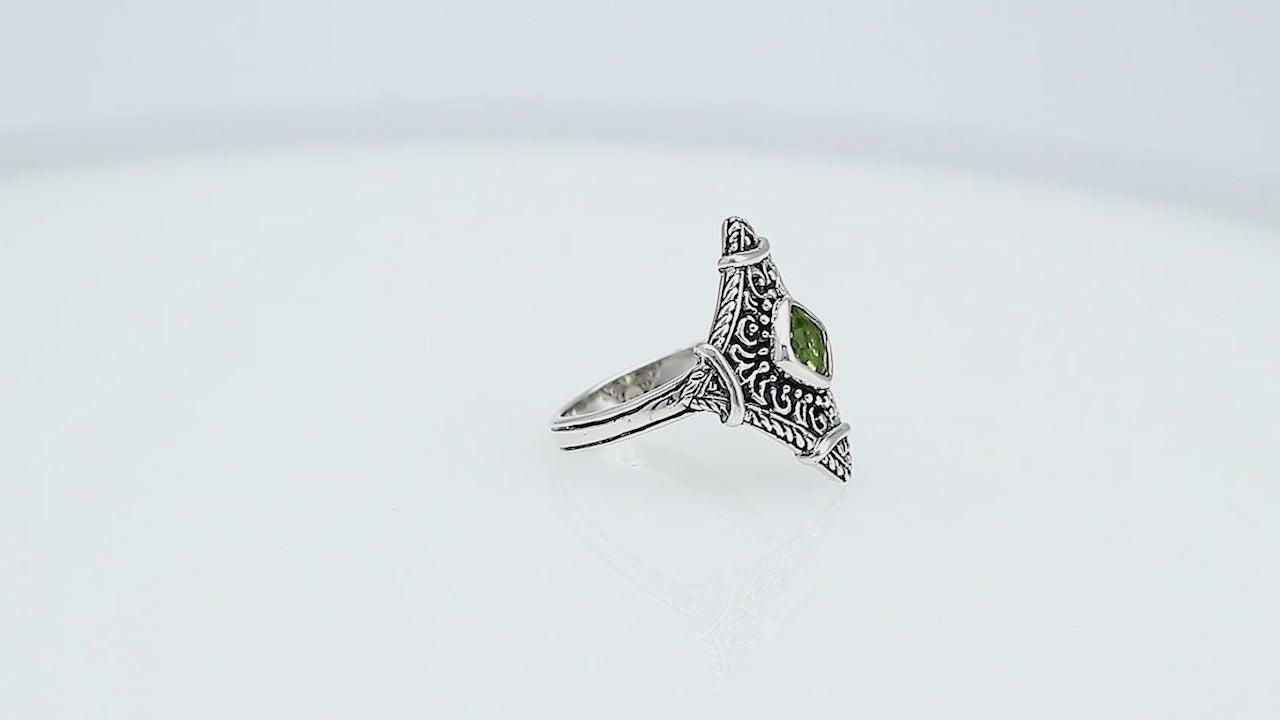 Sterling silver Peridot Quartz statement ring with ornate Balinese filigree design