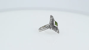 Sterling silver Peridot Quartz statement ring with ornate Balinese filigree design