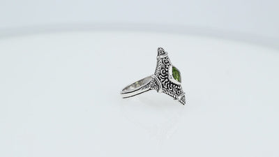 Sterling silver Peridot Quartz statement ring with ornate Balinese filigree design
