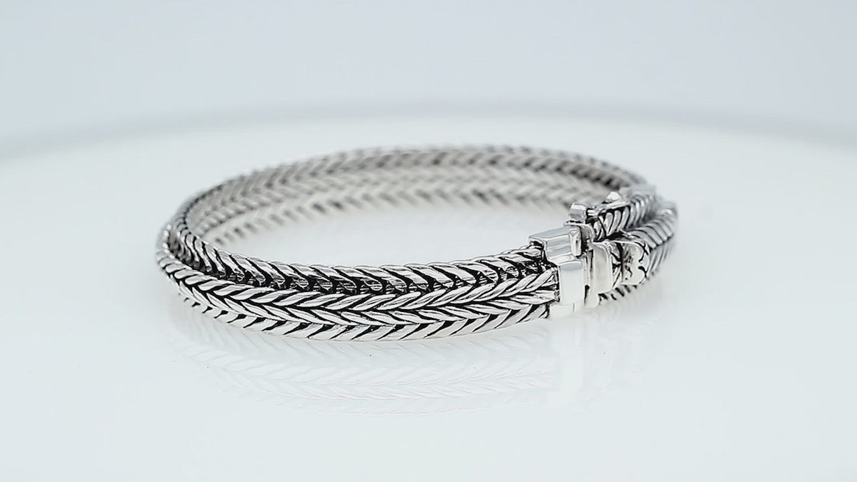 Sterling Silver Triple Braided Chain Bracelet With Chevron Woven Links, Oxidized Detailing And Decorative Rectangular Box Clasp