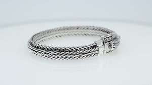 Sterling Silver Triple Braided Chain Bracelet With Chevron Woven Links, Oxidized Detailing And Decorative Rectangular Box Clasp