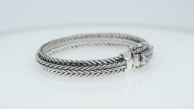 Sterling Silver Triple Braided Chain Bracelet With Chevron Woven Links, Oxidized Detailing And Decorative Rectangular Box Clasp