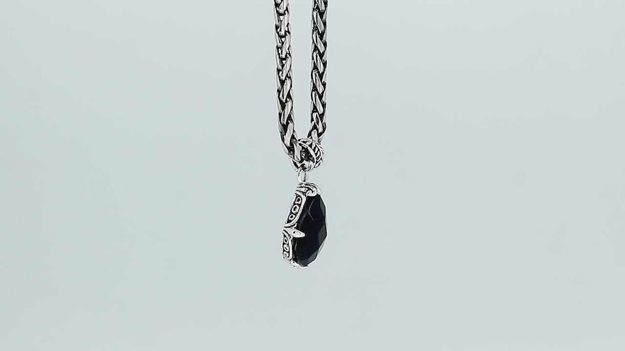 Sterling silver Black Onyx pear shape pendant with handcrafted Balinese silver detailing