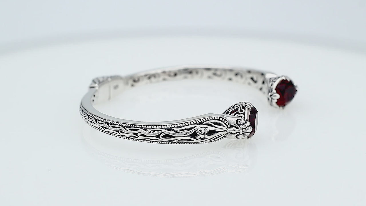 Sterling silver Garnet Quartz open cuff bangle bracelet with handcrafted Balinese detailing