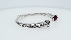 Sterling silver Garnet Quartz open cuff bangle bracelet with handcrafted Balinese detailing