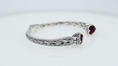 Sterling silver Garnet Quartz open cuff bangle bracelet with handcrafted Balinese detailing
