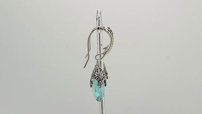 Sterling Silver London Blue Topaz Quartz Faceted Drop Earrings With Ornate Bali Cap And Oxidized Finish