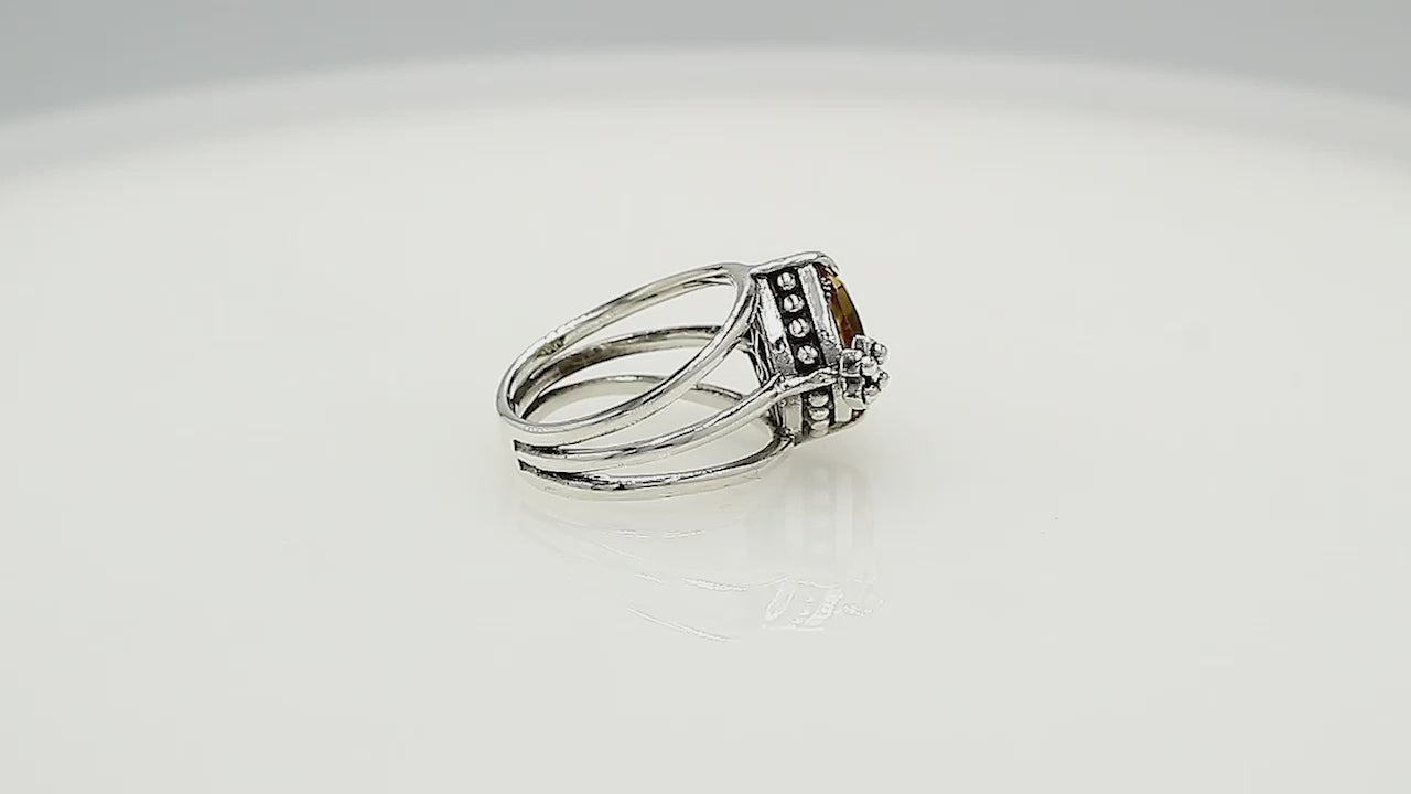 Wholesale 925 sterling silver ring with cushion-cut Citrine Quartz and floral accents, handcrafted in Bali.