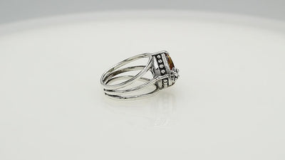 Wholesale 925 sterling silver ring with cushion-cut Citrine Quartz and floral accents, handcrafted in Bali.