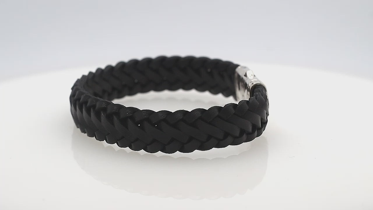 925 Sterling Silver Bracelet With Black Leather And Push Lock On White Background