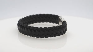 925 Sterling Silver Bracelet With Black Leather And Push Lock On White Background