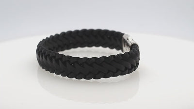 925 Sterling Silver Bracelet With Black Leather And Push Lock On White Background