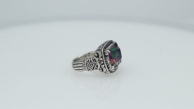 Wholesale sterling silver ring with cushion-cut Mystic Quartz in Green-Purple Tones and Balinese detailing.