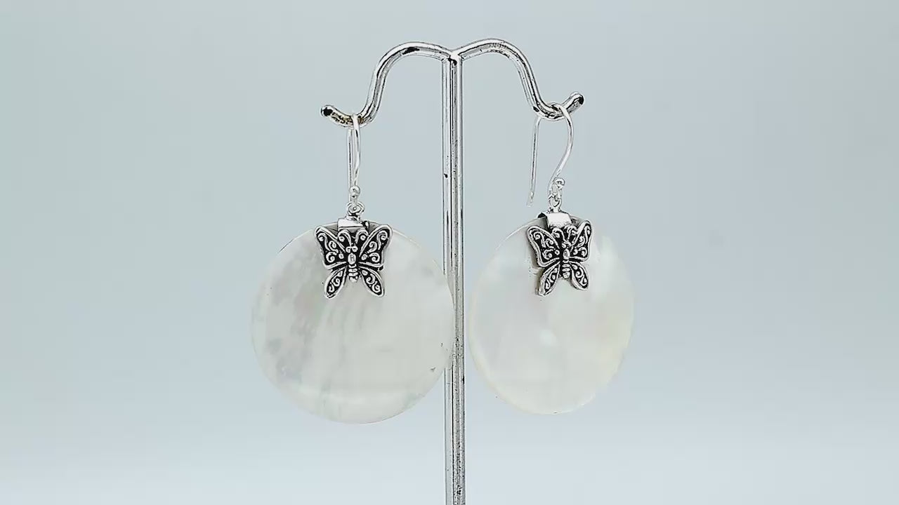 Mother Of Pearl round silver earrings with butterfly design