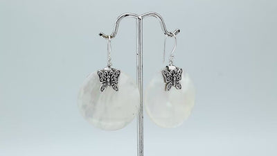 Mother Of Pearl round silver earrings with butterfly design