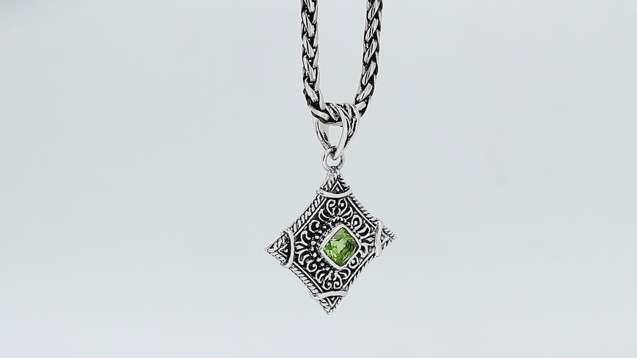 Sterling silver Peridot Quartz pendant with ornate diamond-shaped Balinese filigree